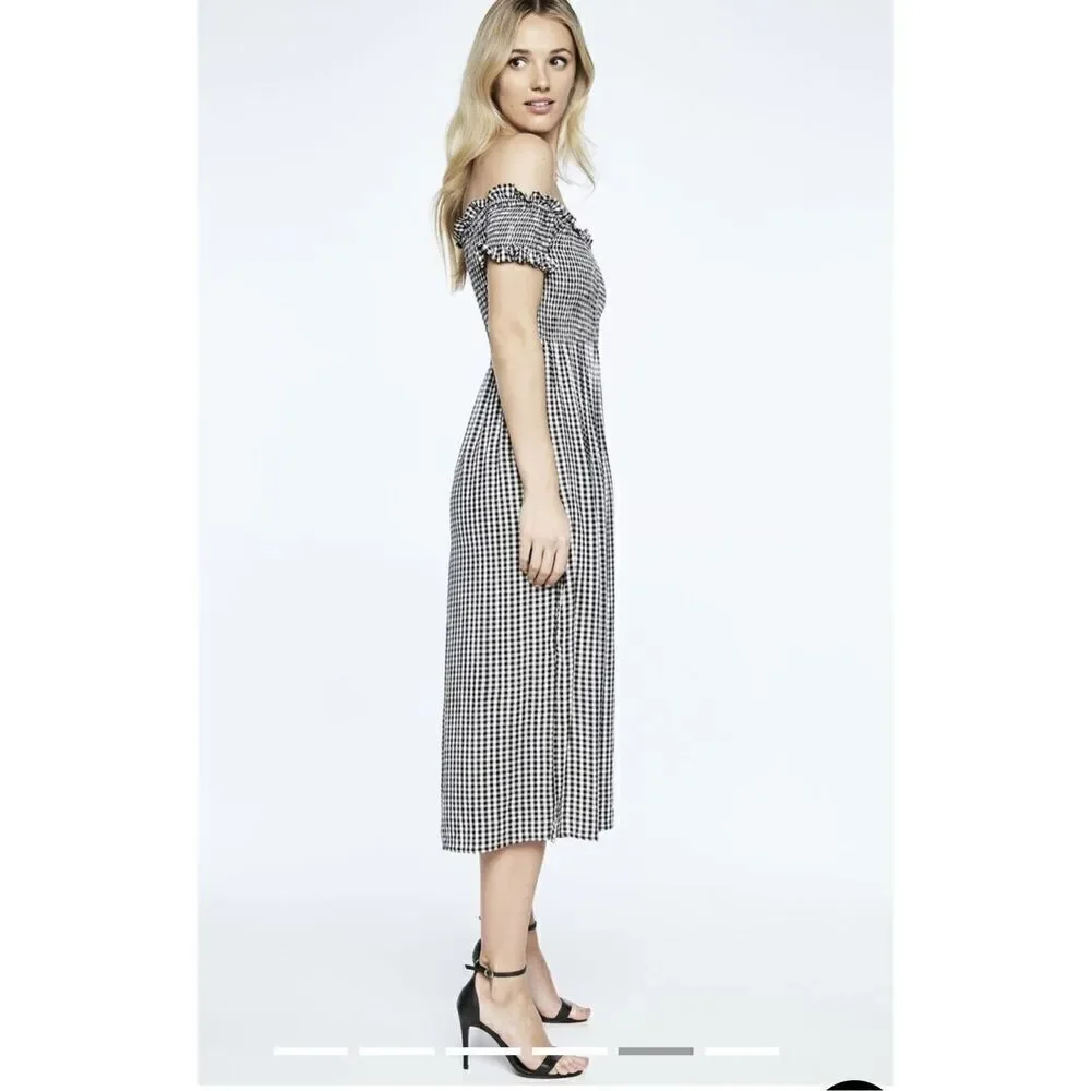 Bardot Cindy Gingham Black & White Off Shoulder Smocked MIDI dress